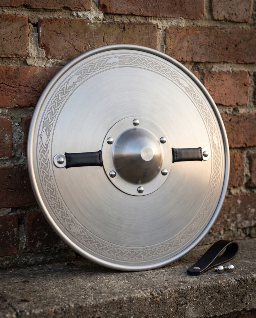 Hand forged steel round shield with a dished polished face, etched knotwork border, riveted dome boss and black leather grip, resting against a brick wall.