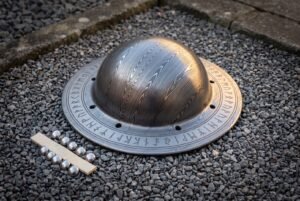 Hand forged steel shield boss with a pattern etched dome and Elder Futhark runes cut around the drilled flange, laid on grey gravel beside six dome rivets.