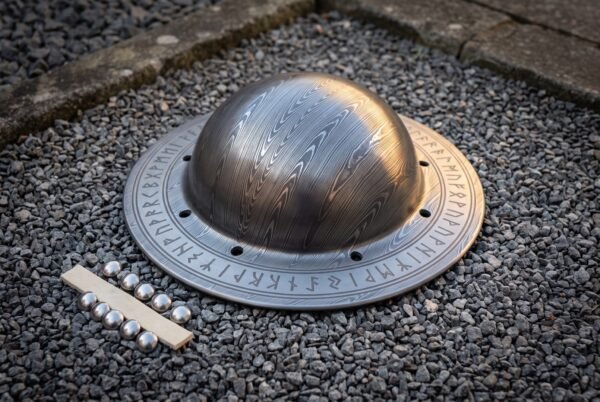 Hand forged steel shield boss with a pattern etched dome and Elder Futhark runes cut around the drilled flange, laid on grey gravel beside six dome rivets.