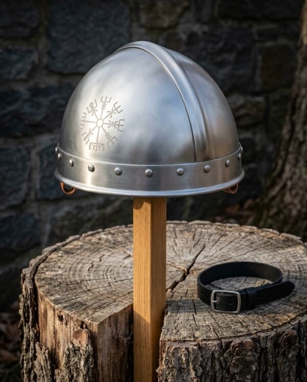 Hand forged steel Viking helmet in the spangenhelm pattern with an engraved Vegvisir and riveted brow band standing on a wooden post before a stone wall
