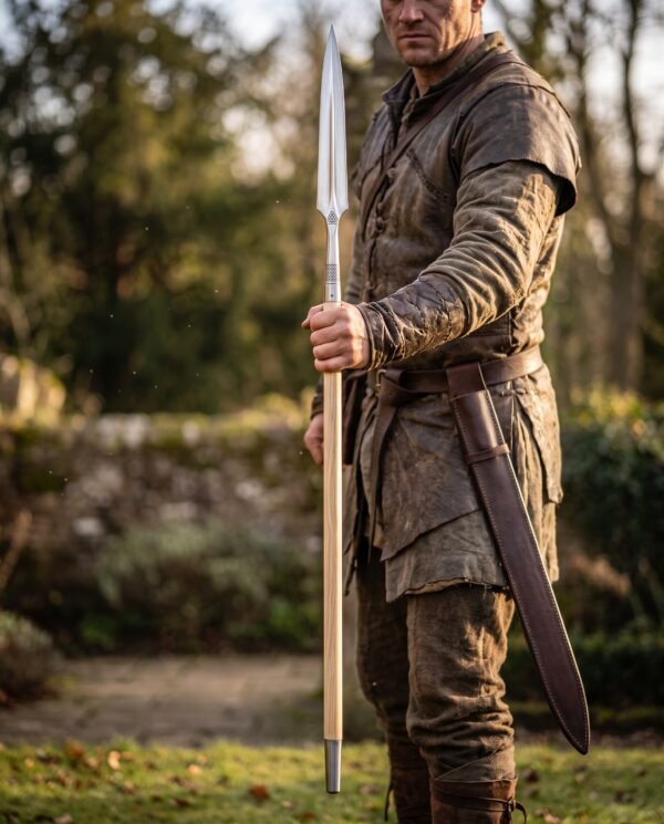 Hand forged steel Viking spear on a long ash shaft held upright by a man in leather beside a garden wall