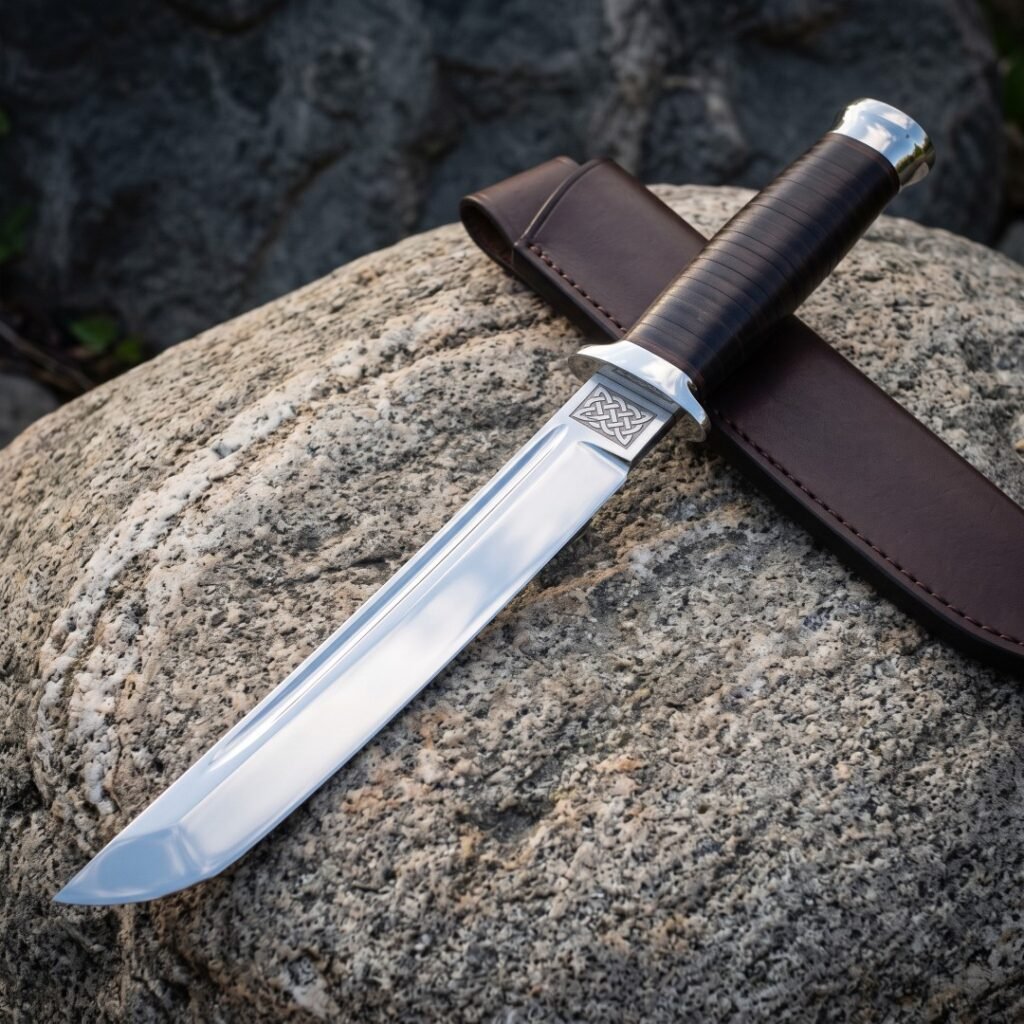 Hand forged tanto knife resting on a granite boulder, mirror polished fullered blade, knotwork engraved steel guard and a stacked dark leather handle with sheath