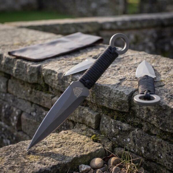 Hand forged throwing knife with paracord grip and ring end angled on a stone wall, two more knives and a leather roll behind