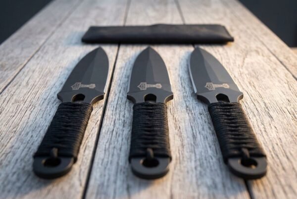 Hand forged throwing knives with cord wrapped handles, three knives from above pointing up on weathered boards below the roll