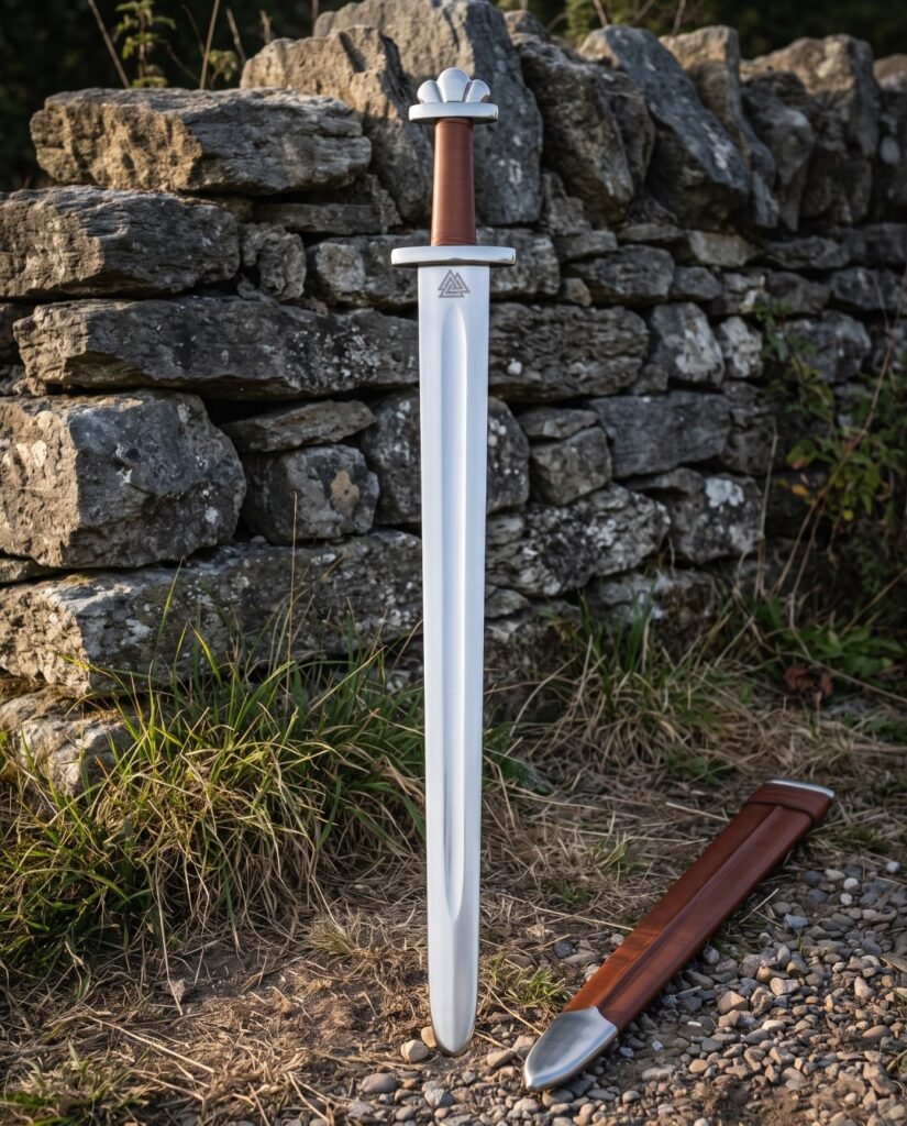 Hand forged valknut sword with a broad fullered polished blade and five lobed pommel standing against a dry stone wall beside a brown leather scabbard