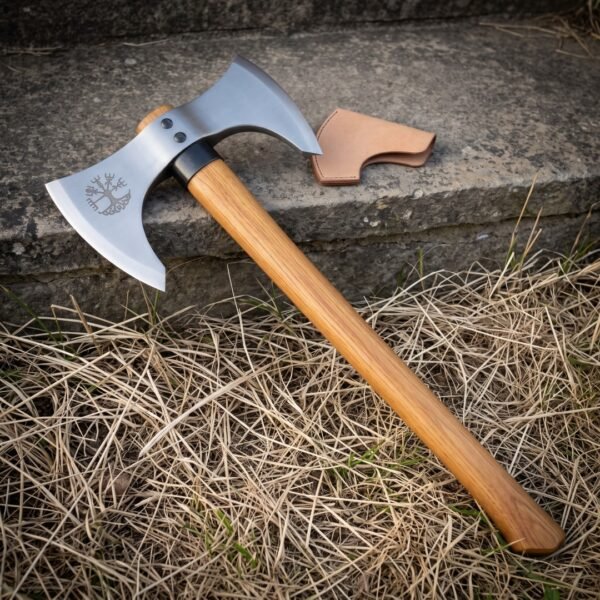 Hand forged vegvisir double headed axe with a bearded bit, hooked rear beak, etched Norse compass, oak haft and tan leather blade cover resting on stone steps