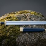 Bluehilt Hand Forged 1095 Steel Viking Arming Sword | Fullered Double Edged Blade | Blue Leather Grip with Brass Knotwork Guard, Lobed Pommel and Matching Scabbard | Norse Gift | RK-1639