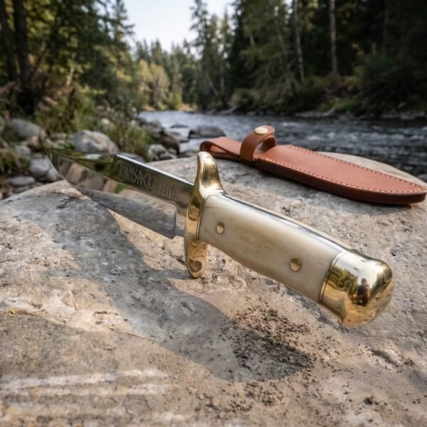 Hand forged Viking Bowie knife with bone handle and brass guard, angled view on a river boulder with its leather belt sheath