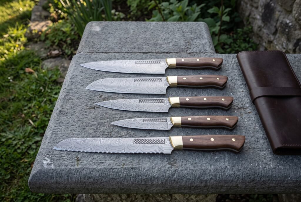 Hand forged Viking chef knife set of five Damascus blades with knotwork engraved panels, walnut handles and brass bolsters, laid on slate beside a brown leather knife roll.