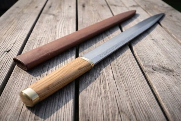 Hand forged Viking seax with olive wood handle and brass ferrule lying on weathered table boards beside its leather sheath