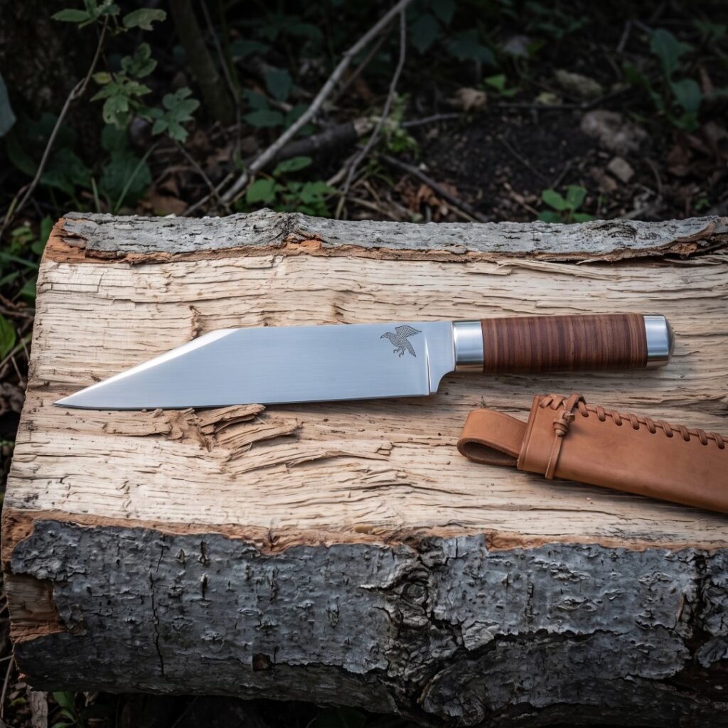 Hand forged viking seax with a broken back blade, etched raven and stacked leather handle lying on a split log beside its hand stitched tan leather sheath