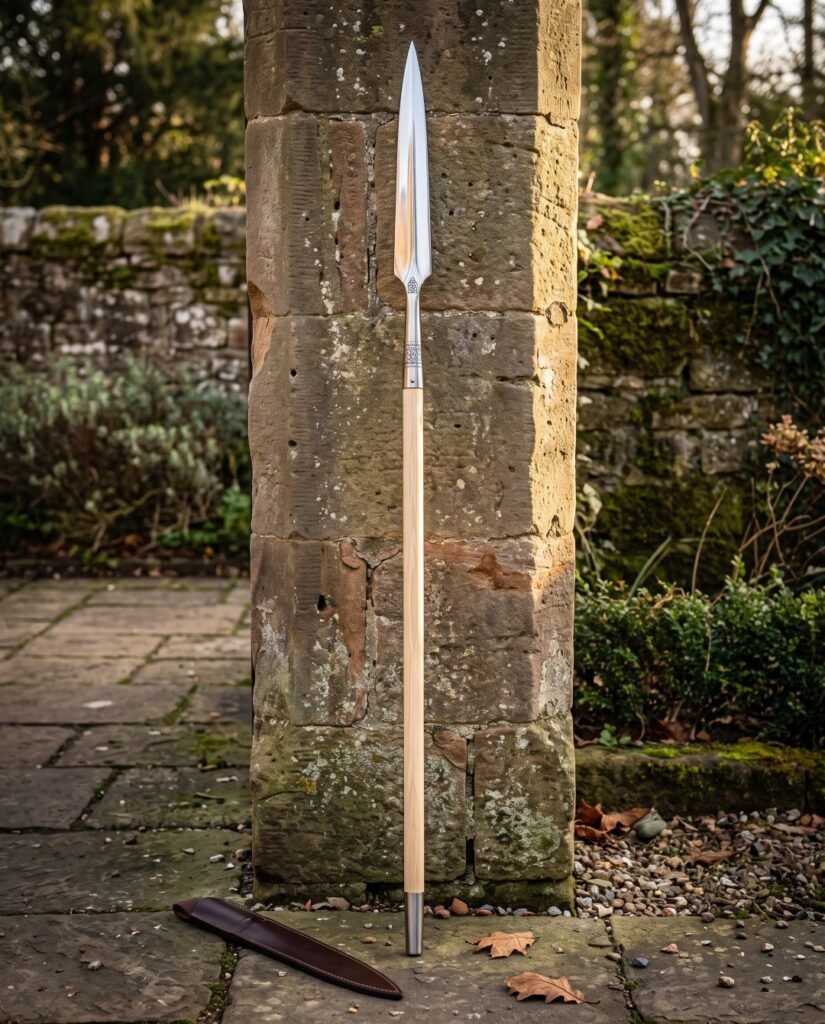 Hand forged viking spear standing against a stone pillar, long steel head with a knotwork cut socket on an ash shaft with a leather blade cover below.