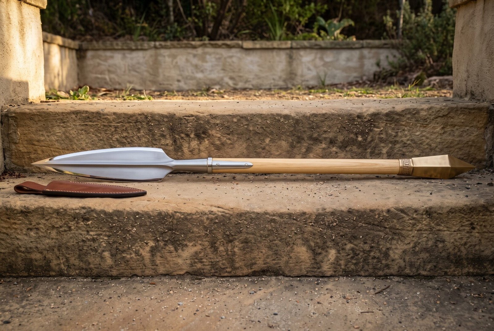Hand forged Viking spear with a broad leaf shaped polished head on a pale ash haft and brass butt spike, laid on stone steps beside its brown leather sheath.