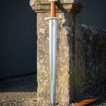 Emberhilt Hand Forged 1095 Steel Viking Sword with Brass Dome Pommel | 29 Inch Fullered Blade and Etched Raven Mark | Tan Leather Grip and Fitted Leather Scabbard | Norse Reenactor Gift | RK-1715