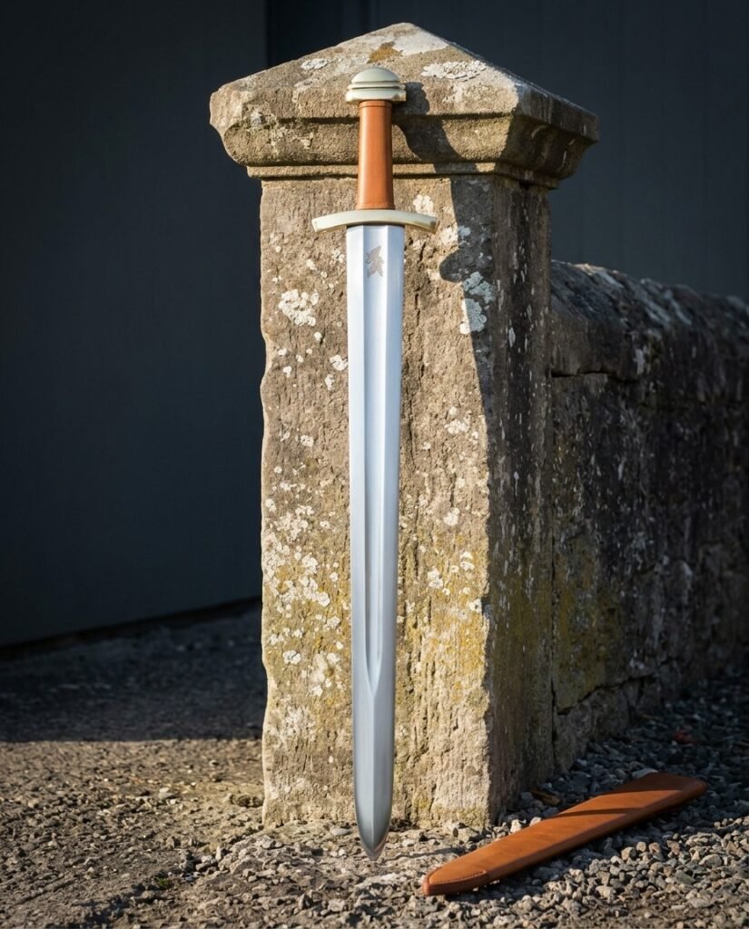 Hand forged viking sword with a brass dome pommel and tan leather grip standing point down against a lichened stone pillar beside its fitted tan leather scabbard.
