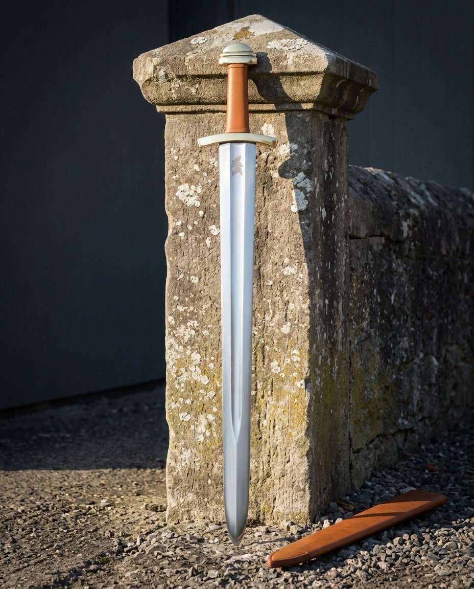 Hand forged viking sword with a brass dome pommel and tan leather grip standing point down against a lichened stone pill Hand forged viking sword with a brass dome pommel and tan leather grip standing point down against a lichened stone pillar beside its fitted tan leather scabbard.
