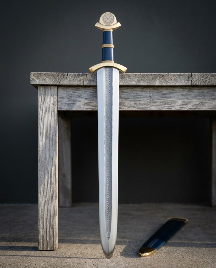 Hand forged Viking sword with a broad leaf shaped blade showing a pattern welded Damascus core stripe, brass hilt and blue leather grip, standing beside its blue scabbard.