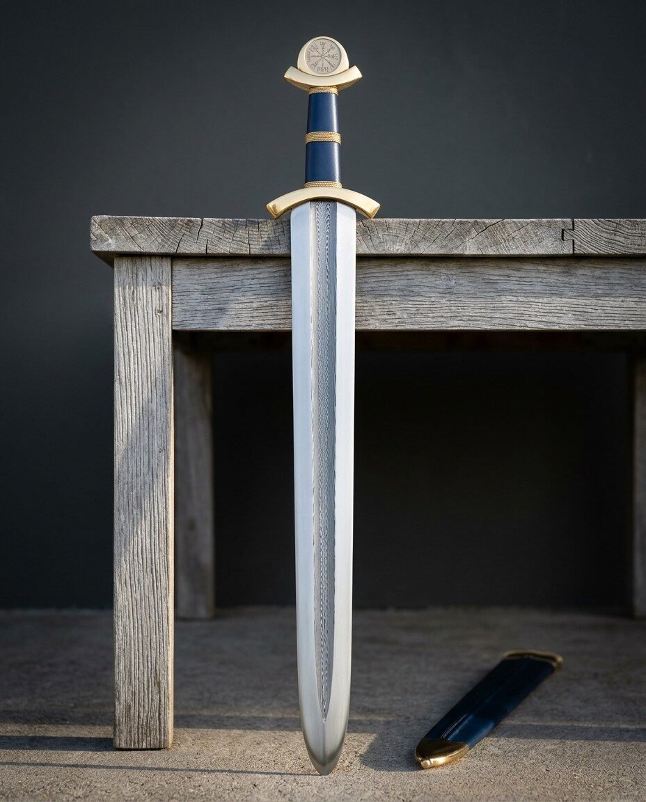 Hand forged Viking sword with a broad leaf shaped blade showing a pattern welded Damascus core stripe, brass hilt and bl Hand forged Viking sword with a broad leaf shaped blade showing a pattern welded Damascus core stripe, brass hilt and blue leather grip, standing beside its blue scabbard.