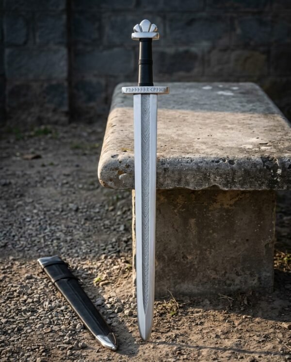 Hand forged viking sword with a chevron pattern welded blade core, rune etched guard and lobed pommel standing against a weathered stone bench beside a black leather scabbard