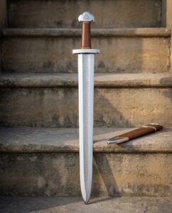 Hand forged viking sword with a pattern welded herringbone fuller and trilobate Valknut pommel, standing on sunlit stone steps beside a brown leather scabbard