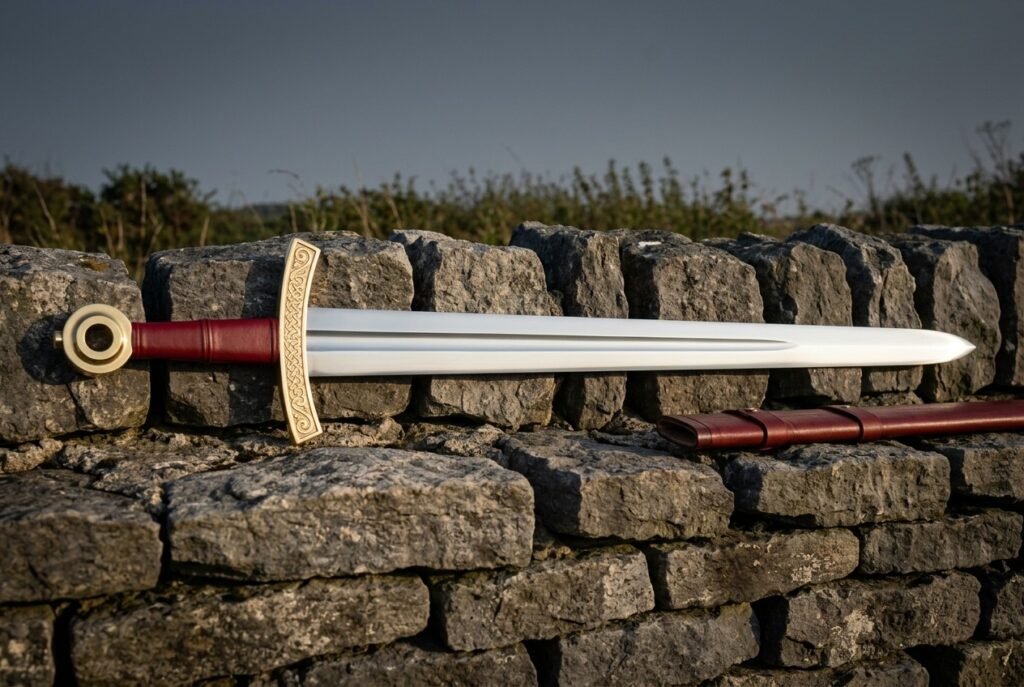 Hand forged viking sword with polished fullered blade, engraved brass knotwork guard, red leather grip and brass ring pommel lying on a dry stone wall