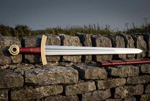 Hand forged viking sword with polished fullered blade, engraved brass knotwork guard, red leather grip and brass ring pommel lying on a dry stone wall