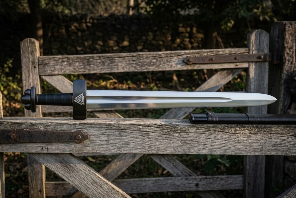 Hand forged viking sword with a Valknut engraved blackened guard and black leather wrapped grip resting on a weathered wooden farm gate beside its dark scabbard