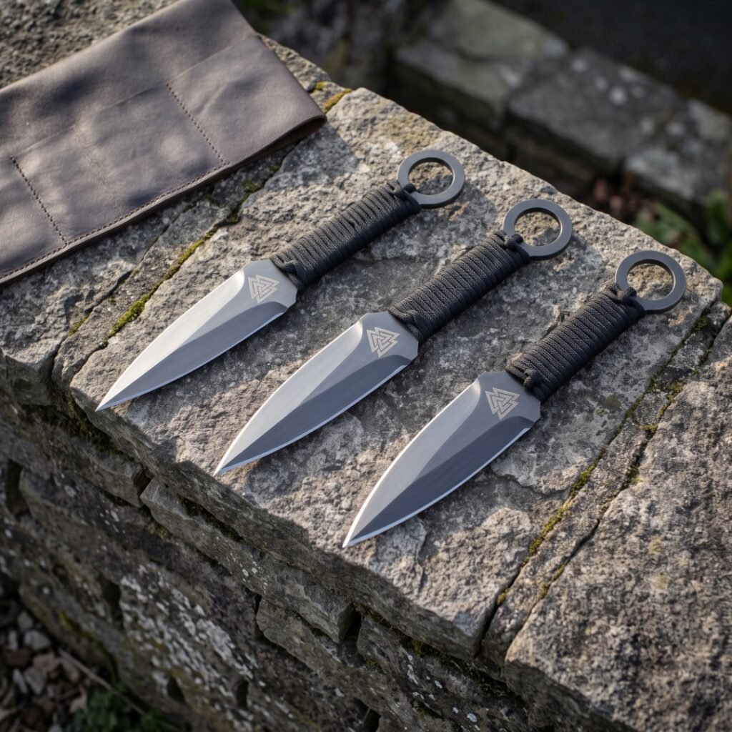 Hand forged Viking throwing knife set of three satin blades with an etched Valknut and black paracord grips laid on a sunlit stone wall beside a leather roll