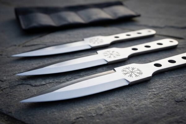 Hand forged Viking throwing knives with Vegvisir etching and skeletonised handles, low angled view on slate by a black roll