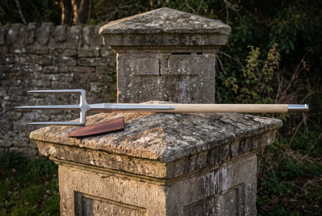 Hand forged Viking trident with three polished prongs and a knotwork engraved collar lying on a stone gatepost in evening light beside a brown leather head sheath
