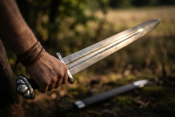Hand gripping a Damascus Viking sword with lobed steel pommel and etched knotwork fuller over its scabbard