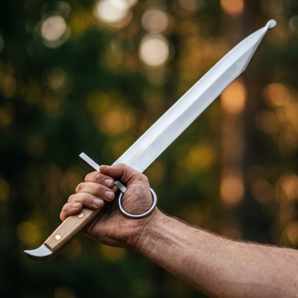 Hand gripping a langes messer trainer with large ring nagel and pale wood scales, clipped blade raised against forest bokeh