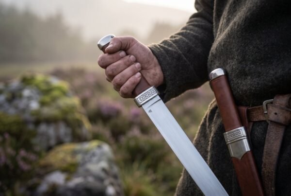 Hand gripping a single edged steel seax with knotwork engraved bolster beside a matching sheath on a leather belt