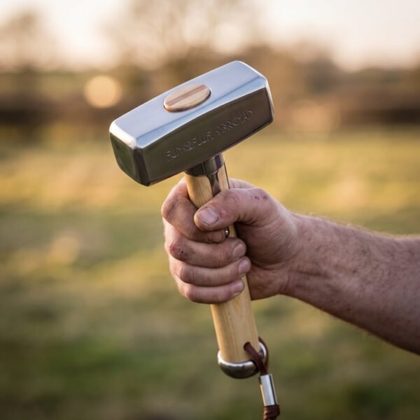 Hand gripping a steel war hammer by its pale ash haft with steel ferrule and leather lanyard against a sunlit field