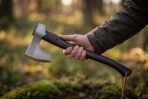 Hand holding a bearded axe with polished head and dark stained haft out to the side, leather thong hanging from the end