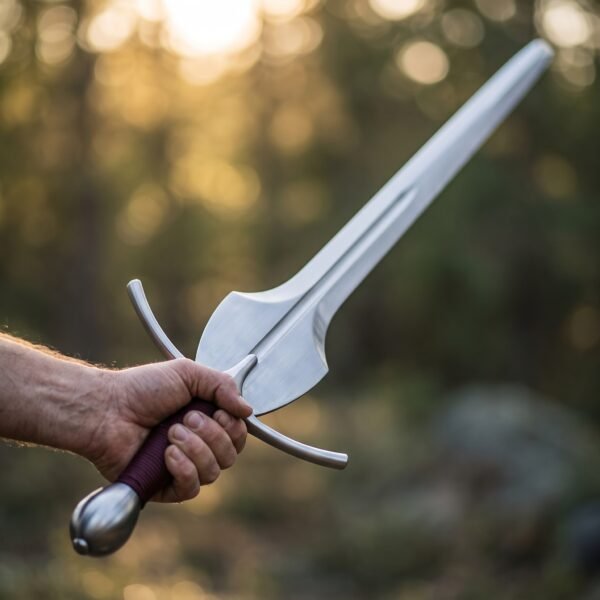 Hand holding a blunt steel feder with shield schilt and burgundy cord grip against a sunset forest