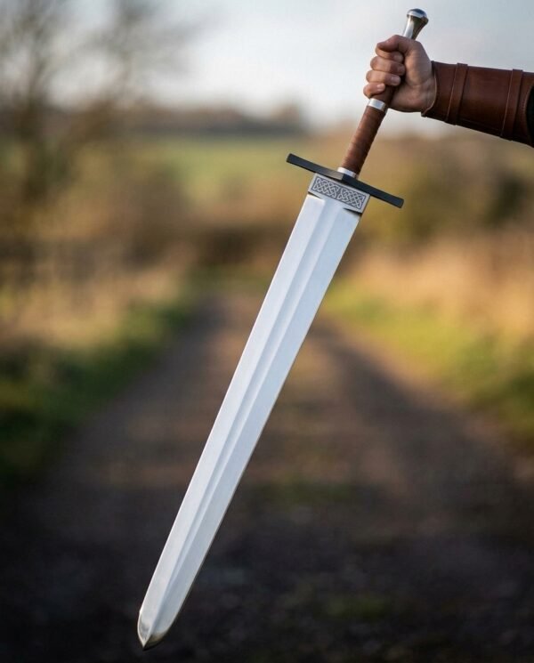 Hand holding a broad steel arming sword with brown wrapped grip, black crossguard and knotwork band on a country lane