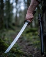 Hand holding a curved Damascus wakizashi with round steel guard in a dim forest, dark saya worn at the belt