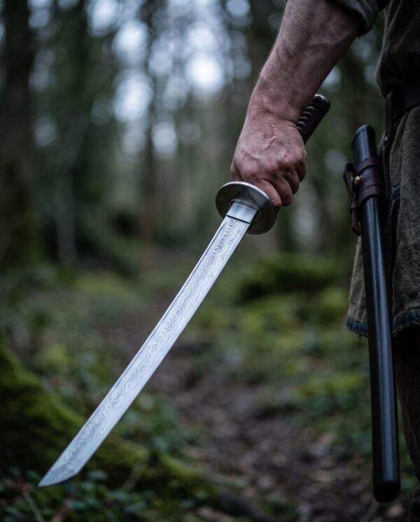 Hand holding a curved Damascus wakizashi with round steel guard in a dim forest, dark saya worn at the belt