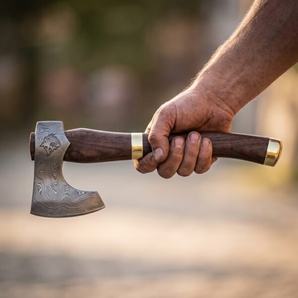 Hand holding a Damascus bearded axe with etched wolf head, walnut haft and brass fittings against a blurred street