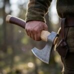 Hand holding a Damascus bearded axe with rune border and ash haft at the hip beside a leather belt holster