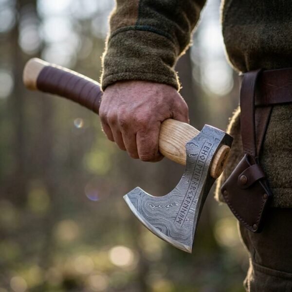 Hand holding a Damascus bearded axe with rune border and ash haft at the hip beside a leather belt holster