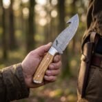 Hand holding a Damascus gut hook skinning knife with olive wood handle and raven engraving in a forest