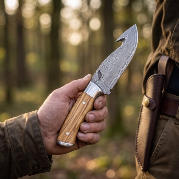 Hand holding a Damascus gut hook skinning knife with olive wood handle and raven engraving in a forest
