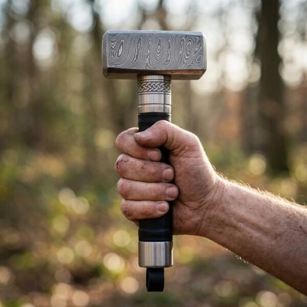 Hand holding a Damascus steel hammer by its black leather haft with a knotwork engraved steel collar outdoors