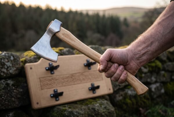 Hand holding a forged steel axe with a light wooden haft in front of an oak wall plaque with a carved knotwork band