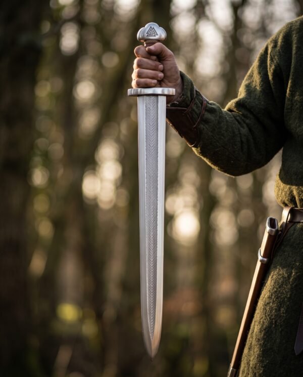 Hand holding a pattern welded Viking sword upright by its brown grip and trilobate pommel, scabbard at the hip