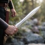 Hand holding a polished leaf blade sword with etched meander band and bronze fittings, scabbard worn at the hip