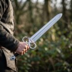 Hand holding a polished steel fantasy sword with interlaced loop guard in front of a blurred woodland