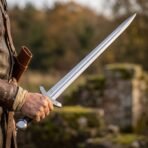 Hand holding a steel Norse blade with knotwork engraved arched guard, black grip and round pommel near old ruins